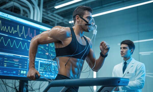 Athletic man on treadmill, monitored by doctor