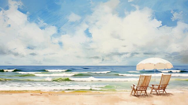 A serene beach scene with two chairs and an umbrella facing the ocean. Captured from a low angle, perfect for a relaxing video backdrop. Live desktop wallpaper.