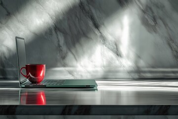 Laptop and red mug on marble counter, bright light, simple workspace, modern design.