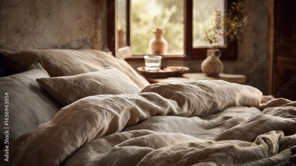Aufkleber cozy rustic bedroom with linen bedding and natural light. inviting atmosphere for relaxation and com
