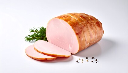 Roasted ham slices on white background