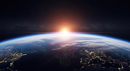 Fototapeta premium Earth rising, sunlit from space. Vast expanse of space, with our planet prominent. Sunrise or sunset appears on the horizon. Earth's surface shows continents and oceans, with city lights visible