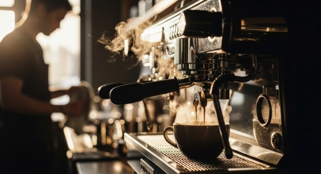 Espresso machine steaming, barista at work