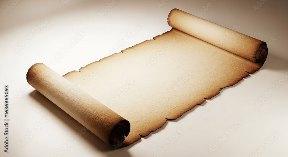 Poster aged parchment scroll with curled edges casting shadows, centered on light surface
