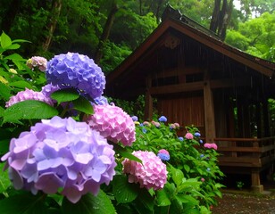 Hydrangea blossoms near a traditional wooden shrine in a lush, rainy forest