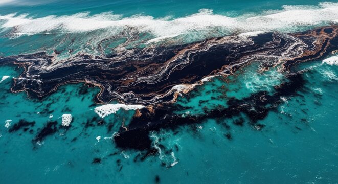 Aerial view of dark oil spill mixing with turquoise ocean water