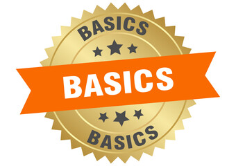basics. basics round orange and gold label isolated on transparent background