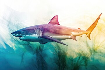 A digitally rendered great white shark swims through a surreal, smoky, and colorful underwater environment, evoking a sense of depth.