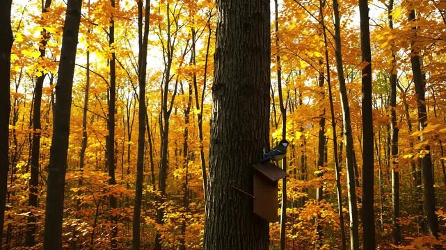 Autumn forest Bird perched on birdhouse