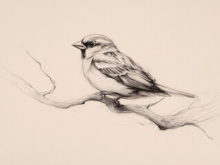 Vintage Sparrow Bird Print on Dry Branch