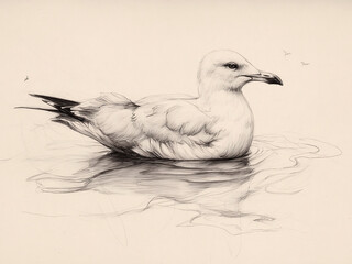 Vintage Seagull Bird Print on Sea Water