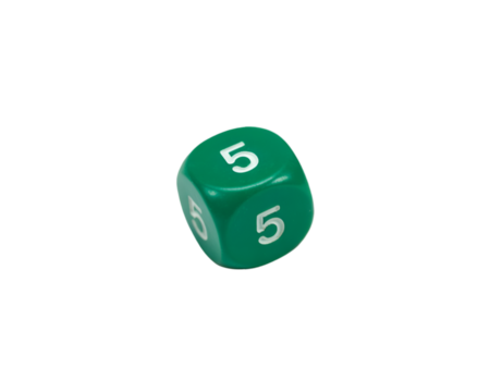 Green dice showing five isolated on white background playful and classic gaming object
