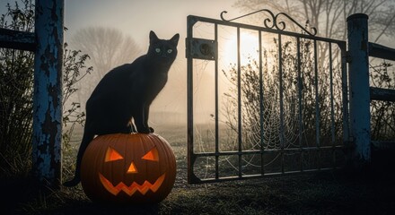 Black cat sits on a jack-o'-lantern near gate in spooky, foggy setting
