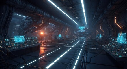 Futuristic spaceship interior, corridor with control panels