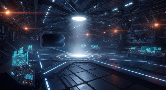 Futuristic spaceship interior.  Bright light illuminates central platform.  High-tech controls & machinery