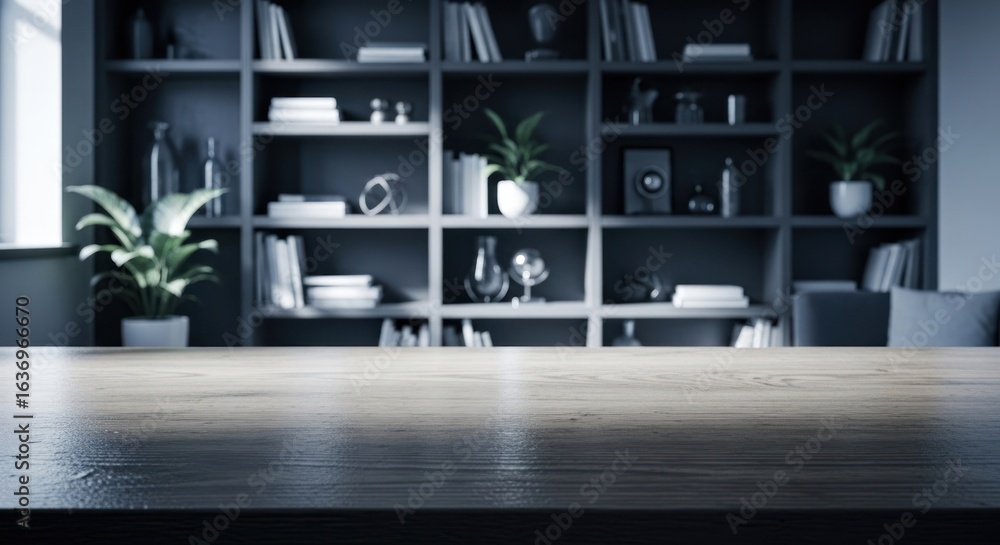 Poster blurred bookshelf backdrop with desk foreground, creating depth and texture