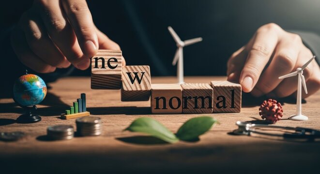 Hands arranging wooden blocks spelling "new normal" amidst miniature models of wind turbines, a globe, coins, and a graph
