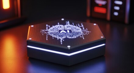 Hexagonal AI device with glowing circuits and brain graphic