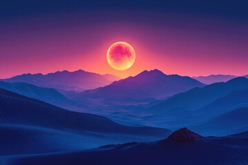 A serene landscape of blue hills under a pink sky with a bright, full moon rising.