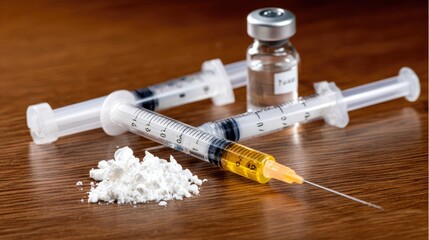 Multiple plastic syringes with yellow liquid and clear contents alongside a glass vial and white powdered substance on a brown wooden surface for drug abuse themes.