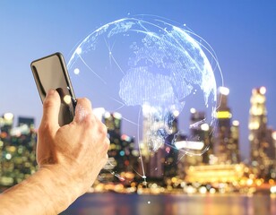 Hand holding a phone, holographic globe overlay