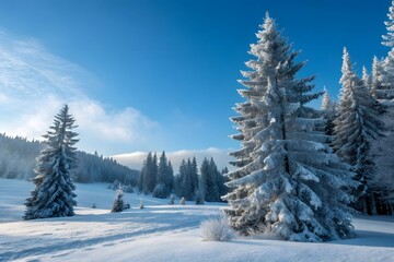 Obraz premium Snow covered evergreen trees in a winter landscape with bright blue sky