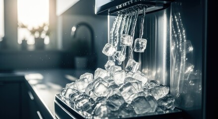 Ice cubes cascading from a stainless steel ice maker into a bin filled with ice. Sunlight streams in the background