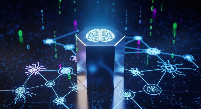 Hexagonal prism, brain symbol, digital network