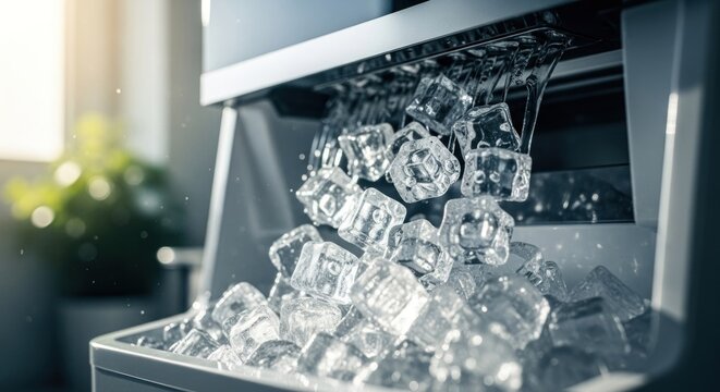 Ice cubes cascading from a commercial ice maker