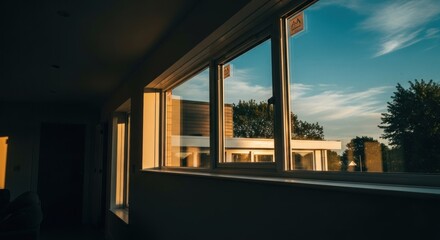 Interior view of a sun-drenched room.  Sunlight streams through large windows, revealing a tranquil exterior scene of trees and a pale-colored building