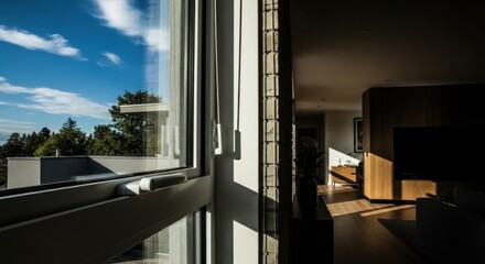 Interior view through a window. Sunlight streams into a modern home