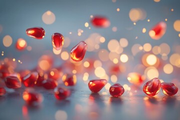 A beautiful close-up of vibrant pomegranate seeds, scattered and floating, with bokeh lights creating a magical ambience.