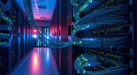 Interior of a server farm.  Network cables wind through racks.  Colored lights illuminate the equipment