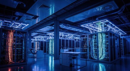 Interior of a massive server farm, lit by vibrant blue and pink hues.  Network cables crisscross the space, illuminating the metal racks