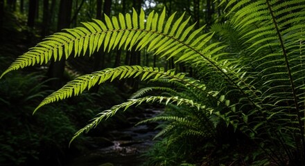 Lush fern fronds bathed in sunlight, dappled forest floor, creek