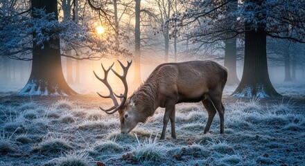 Majestic deer in a frosted winter forest at sunrise