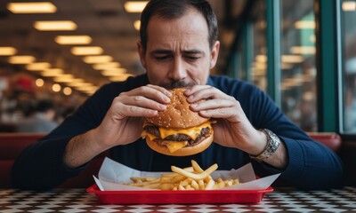 Man engrossed in eating a large burger and fries