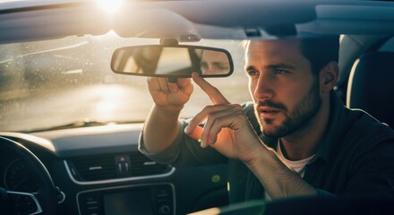 Man checking rearview mirror in car at sunset