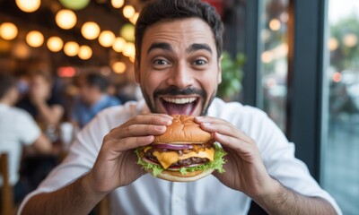 Man happily eating a double cheeseburger