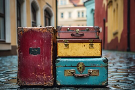 A stack of vintage suitcases of various sizes and colors on a cobblestone street, showcasing travel and nostalgia.