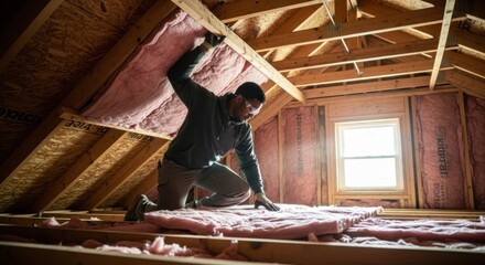 Man installing pink insulation in attic