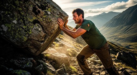 Man pushing large rock uphill