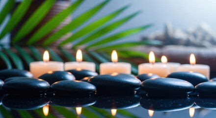 Candles and smooth black stones arranged with a leafy plant backdrop
