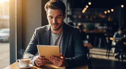 Man using tablet in cafe. Sunlight streams in