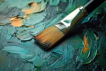 Obraz premium Close-up of a paintbrush resting on a canvas covered with thick strokes of teal and orange paint.