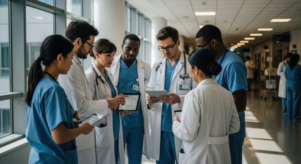 Medical professionals in a hospital hallway, gathered around digital tablets, discussing