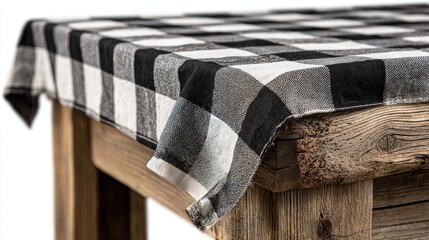 Fototapeta premium Checkered black and white tablecloth on a rustic wooden table corner