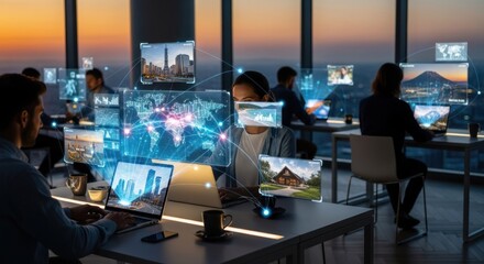 Modern office with overlaid digital displays showing global imagery