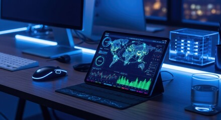 Modern workspace with tablet displaying data visualizations