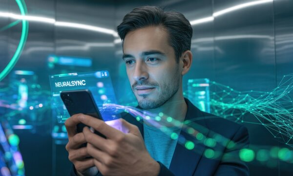 Man in futuristic elevator using phone with holographic interface - Powered by Adobe